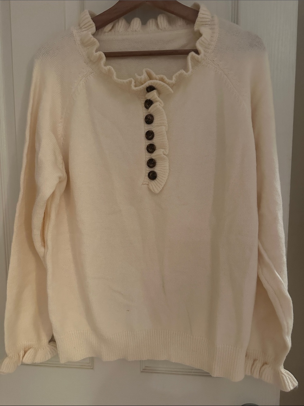 Cream Ruffle Henley Sweater - Women's